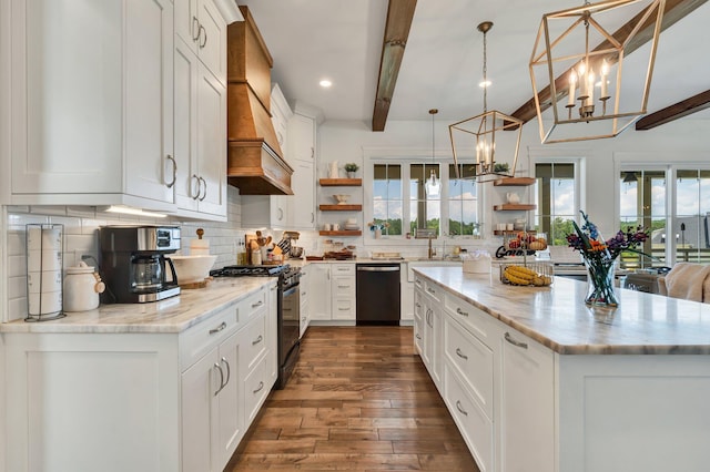 kitchen with dishwasher, an inviting chandelier, black range with gas stovetop, dark wood-type flooring, and beam ceiling