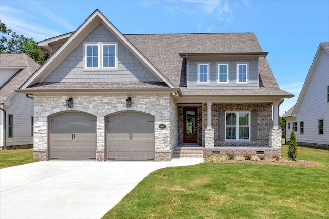 craftsman house featuring a shingled roof, a front lawn, concrete driveway, a garage, and crawl space