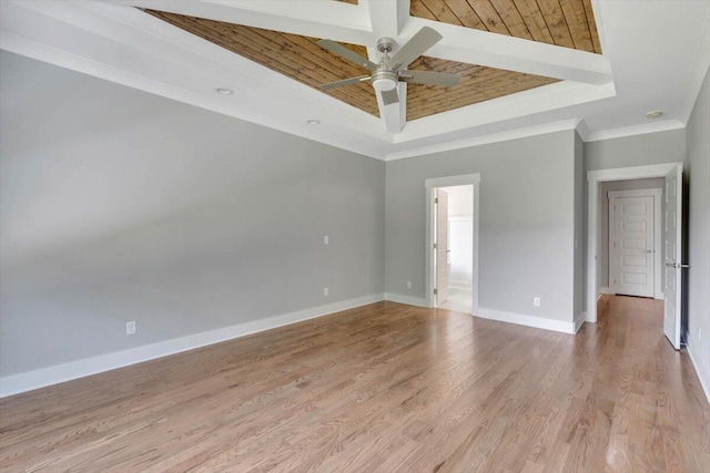 spare room with wood ceiling, crown molding, ceiling fan, and light wood-type flooring