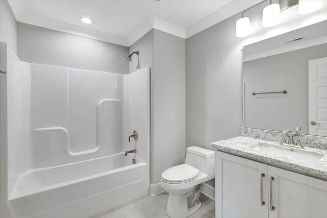 bathroom featuring visible vents, toilet, crown molding, tub / shower combination, and vanity