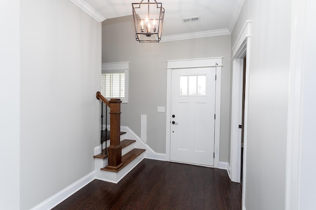 entryway featuring baseboards, visible vents, ornamental molding, stairs, and dark wood-type flooring