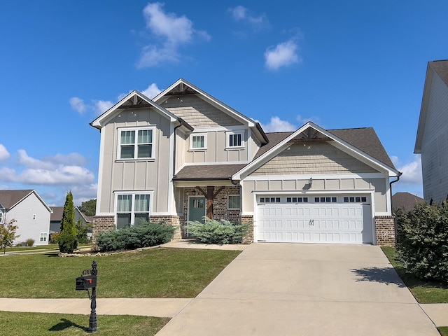 craftsman house featuring brick siding, board and batten siding, a front yard, a garage, and driveway