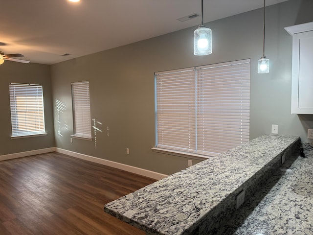 interior space with dark wood-type flooring, light stone counters, and hanging light fixtures