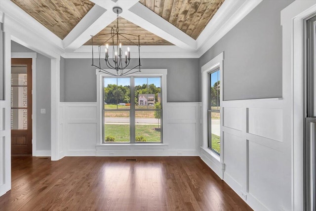 unfurnished dining area featuring dark hardwood / wood-style flooring, wood ceiling, a chandelier, and beamed ceiling