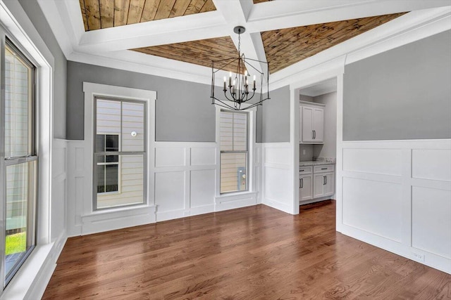 unfurnished dining area featuring coffered ceiling, beamed ceiling, dark hardwood / wood-style flooring, wood ceiling, and a chandelier