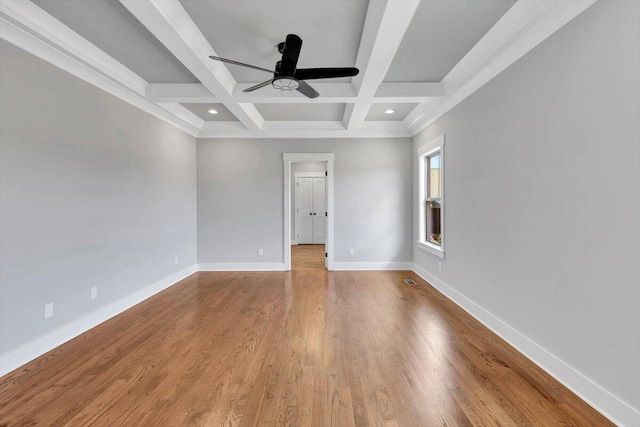 unfurnished room with wood finished floors, baseboards, coffered ceiling, beam ceiling, and ceiling fan