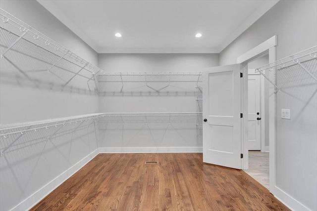 walk in closet with wood-type flooring