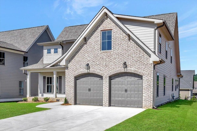 view of front of property with brick siding, roof with shingles, and a front yard