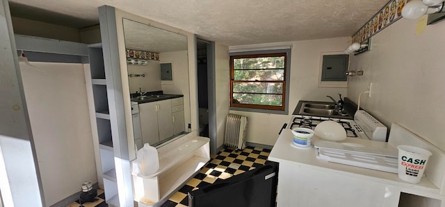 kitchen with radiator heating unit, a textured ceiling, sink, and electric panel