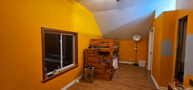 interior space featuring lofted ceiling and wood-type flooring