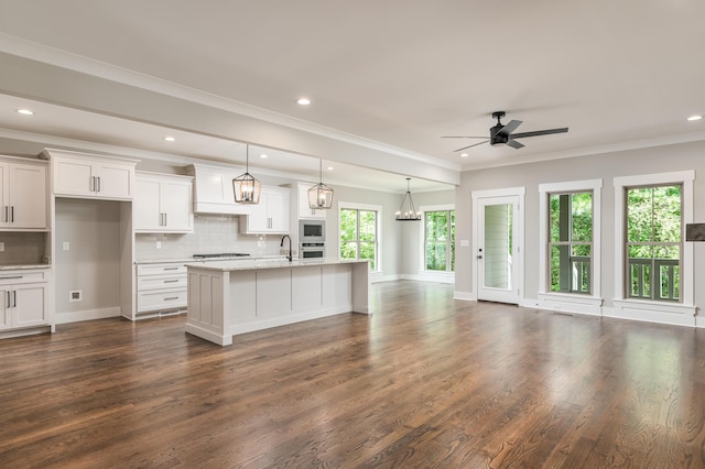 kitchen featuring white cabinets, ceiling fan with notable chandelier, dark hardwood / wood-style floors, a center island with sink, and tasteful backsplash