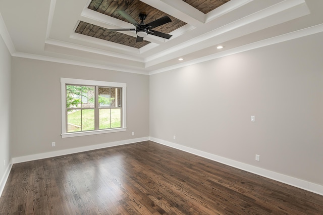 unfurnished room featuring crown molding, ceiling fan, beam ceiling, and dark hardwood / wood-style flooring