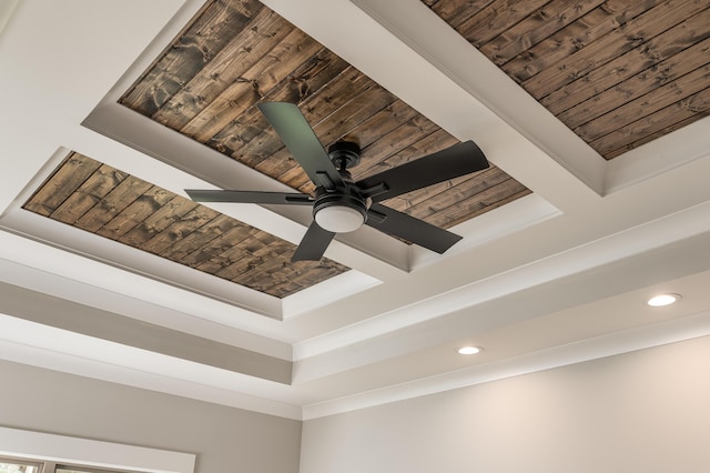 room details featuring recessed lighting, beam ceiling, ornamental molding, and a ceiling fan