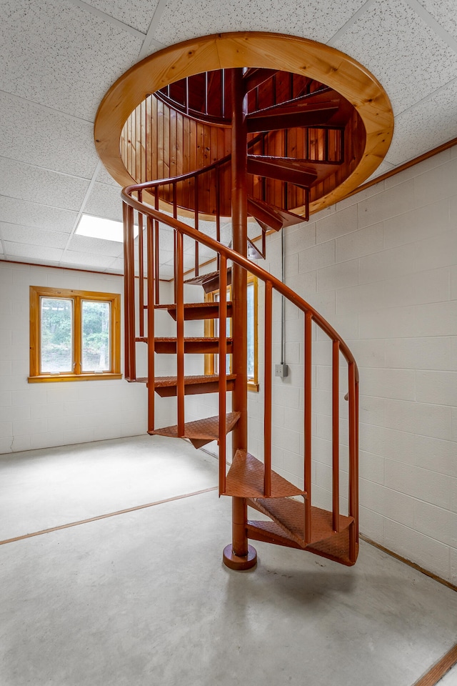 stairway with a paneled ceiling and concrete flooring