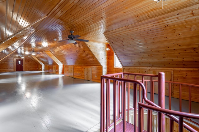 bonus room featuring ceiling fan, wood walls, wooden ceiling, and vaulted ceiling