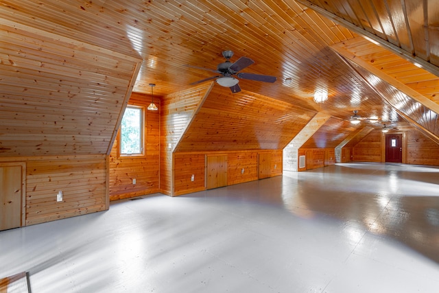 additional living space featuring wooden ceiling, wood walls, and ceiling fan