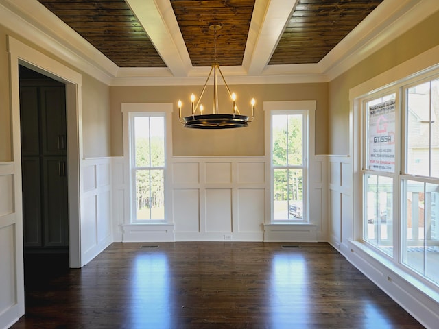 unfurnished dining area with dark hardwood / wood-style flooring, a healthy amount of sunlight, and a notable chandelier