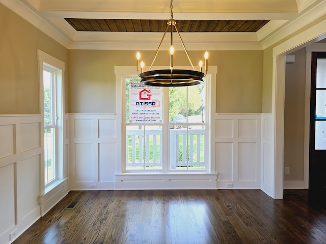 unfurnished dining area with wood ceiling, plenty of natural light, a notable chandelier, and dark hardwood / wood-style floors