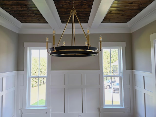 interior details with wooden ceiling and crown molding