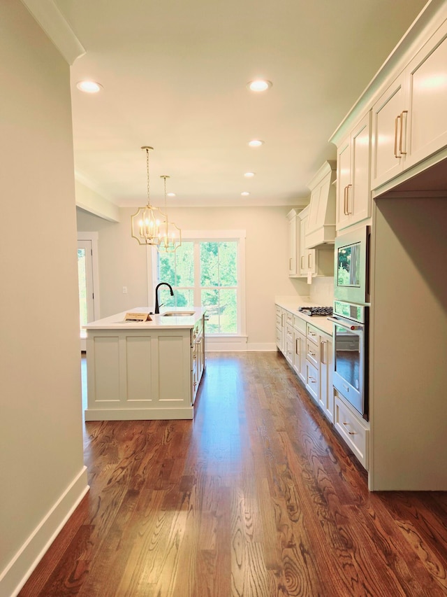 kitchen featuring custom exhaust hood, stainless steel appliances, dark hardwood / wood-style flooring, a center island with sink, and white cabinets