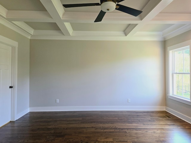 empty room with coffered ceiling, ceiling fan, dark hardwood / wood-style floors, and beam ceiling