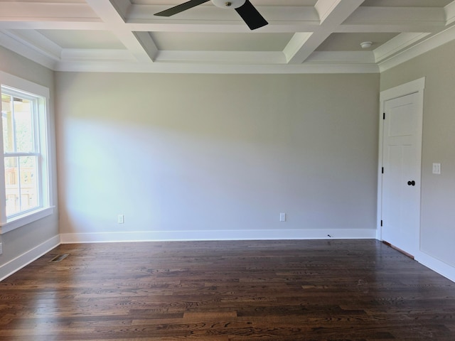 unfurnished room featuring dark wood-type flooring, ceiling fan, coffered ceiling, and beam ceiling