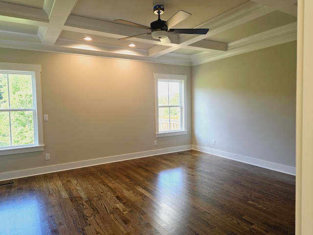 unfurnished room with plenty of natural light, ceiling fan, coffered ceiling, and dark wood-type flooring