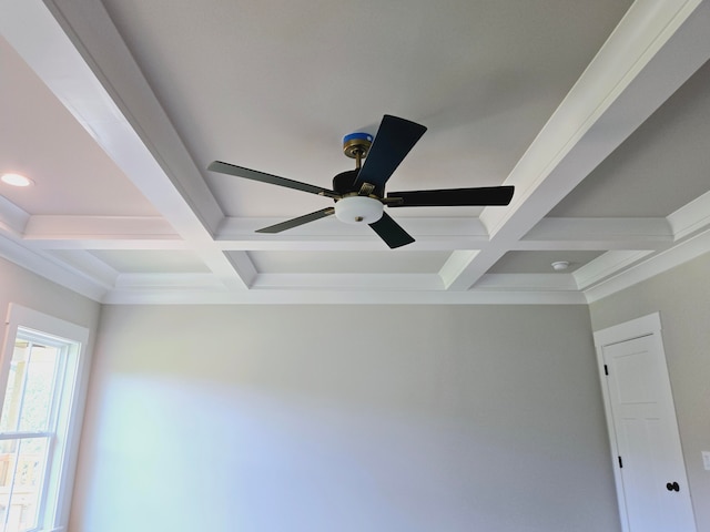 room details with coffered ceiling, ceiling fan, crown molding, and beamed ceiling