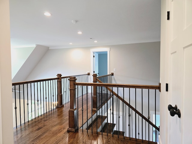 hallway featuring crown molding and dark hardwood / wood-style flooring