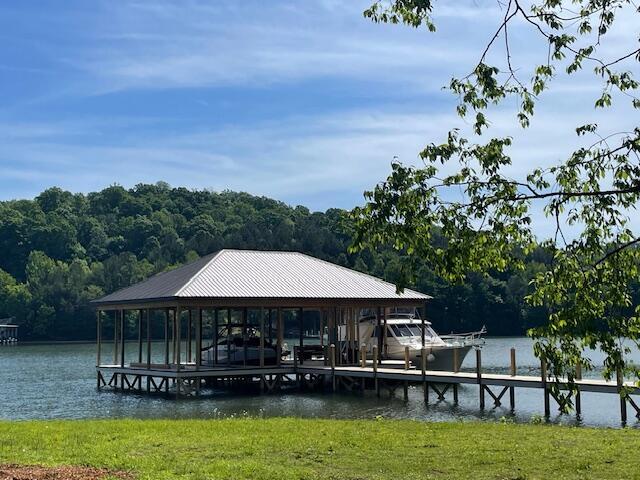 6591 Chipmunk Dr, Harrison, TN 37341 - view of dock with a water view, boat lift, and a forest view