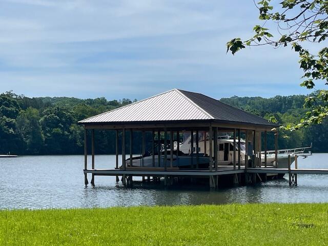 6591 Chipmunk Dr, Harrison, TN 37341 - view of dock featuring a water view, a wooded view, and boat lift