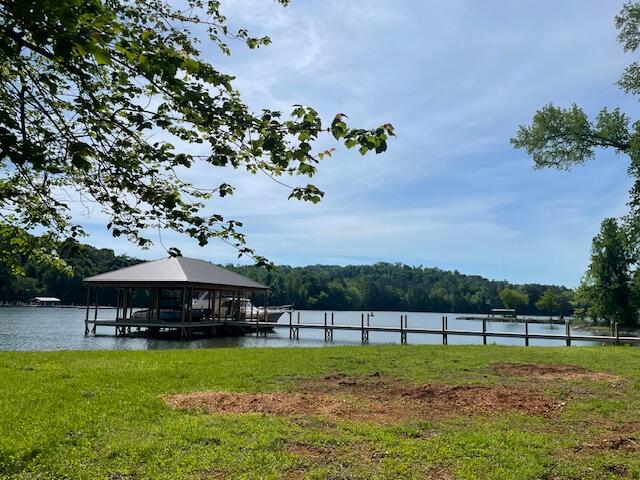 view of yard featuring a dock and a water view