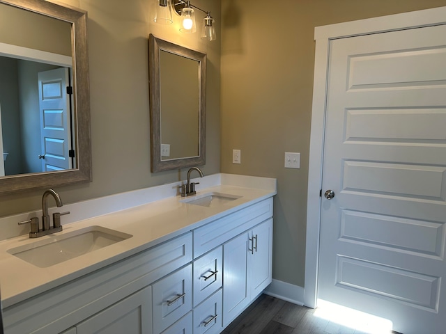 bathroom with vanity and wood-type flooring