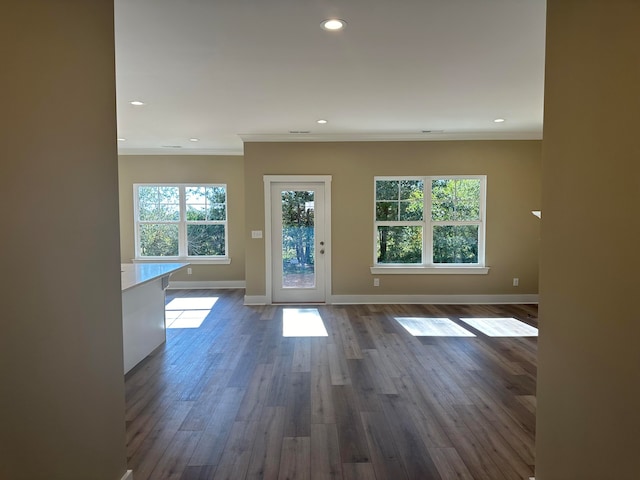 empty room with ornamental molding, a wealth of natural light, and dark hardwood / wood-style floors