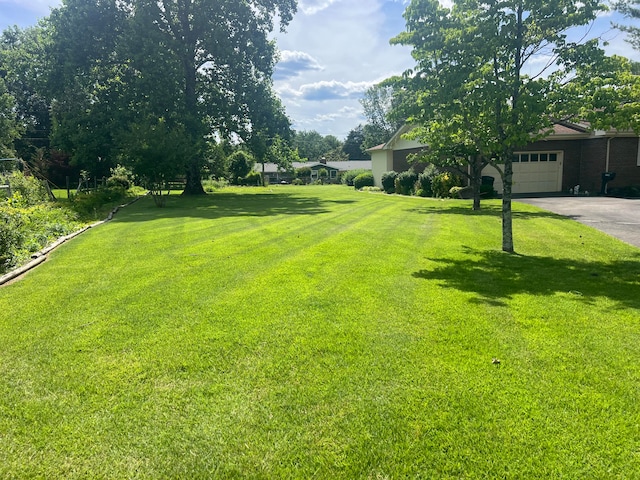 view of yard with a garage