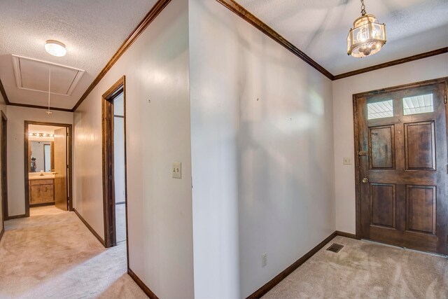 entrance foyer with crown molding, light carpet, and a textured ceiling