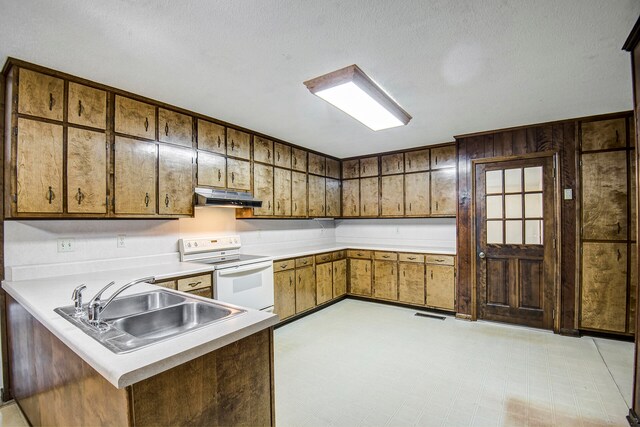 kitchen with sink, white range with electric stovetop, kitchen peninsula, and a textured ceiling