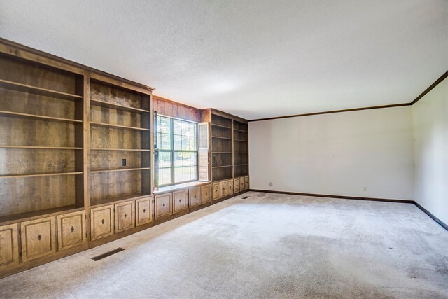 unfurnished living room featuring ornamental molding, a textured ceiling, and light colored carpet