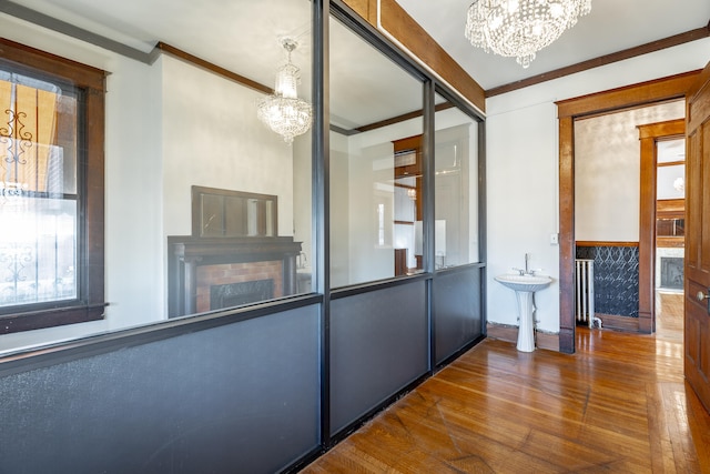 hall with crown molding, radiator, dark hardwood / wood-style flooring, and a chandelier