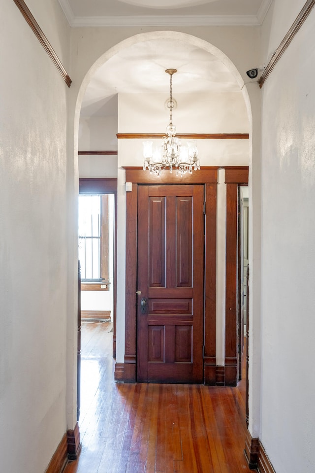 entryway featuring a chandelier, dark hardwood / wood-style flooring, and ornamental molding