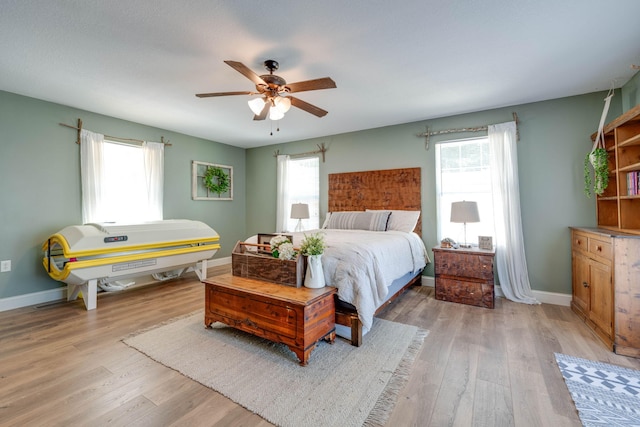 bedroom featuring ceiling fan and light hardwood / wood-style floors