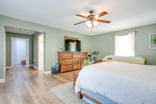 bedroom featuring ceiling fan and light hardwood / wood-style flooring