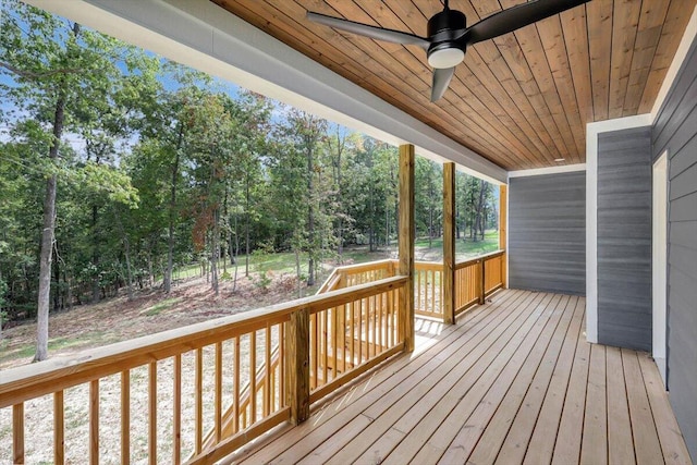 wooden terrace featuring ceiling fan