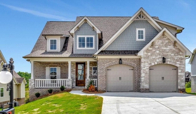 craftsman-style house with a garage, a porch, and a front lawn