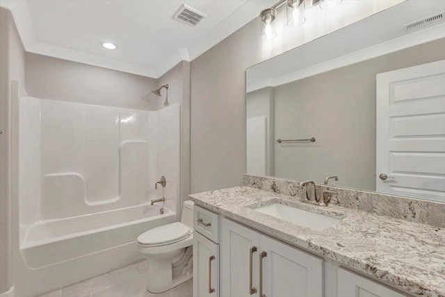 full bathroom with vanity, tile patterned flooring, toilet, ornamental molding, and shower / bath combination