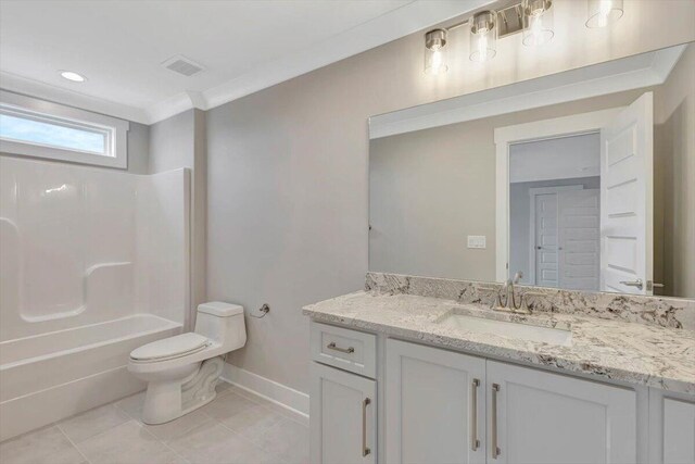 full bathroom featuring toilet, tile patterned floors, crown molding, vanity, and shower / bathtub combination