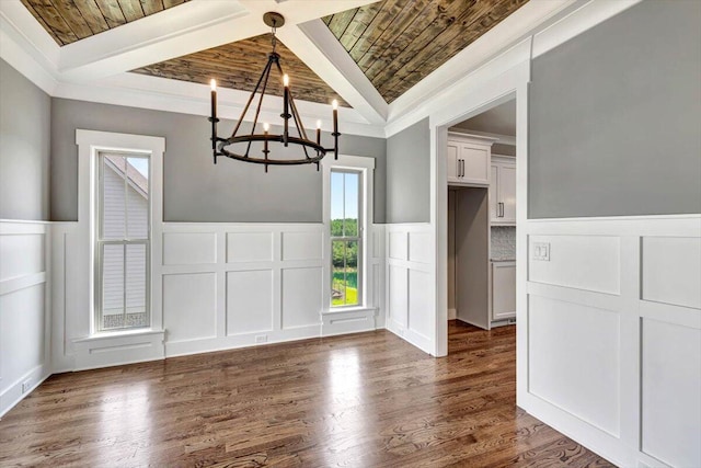 unfurnished dining area with ornamental molding, wood ceiling, dark hardwood / wood-style flooring, and a notable chandelier