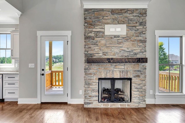 doorway featuring plenty of natural light, dark hardwood / wood-style floors, and a stone fireplace