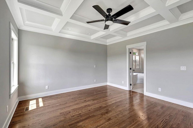 empty room with a wealth of natural light, ceiling fan, dark hardwood / wood-style floors, and coffered ceiling