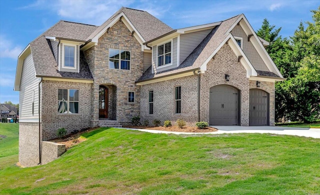 view of front of house with a garage and a front lawn